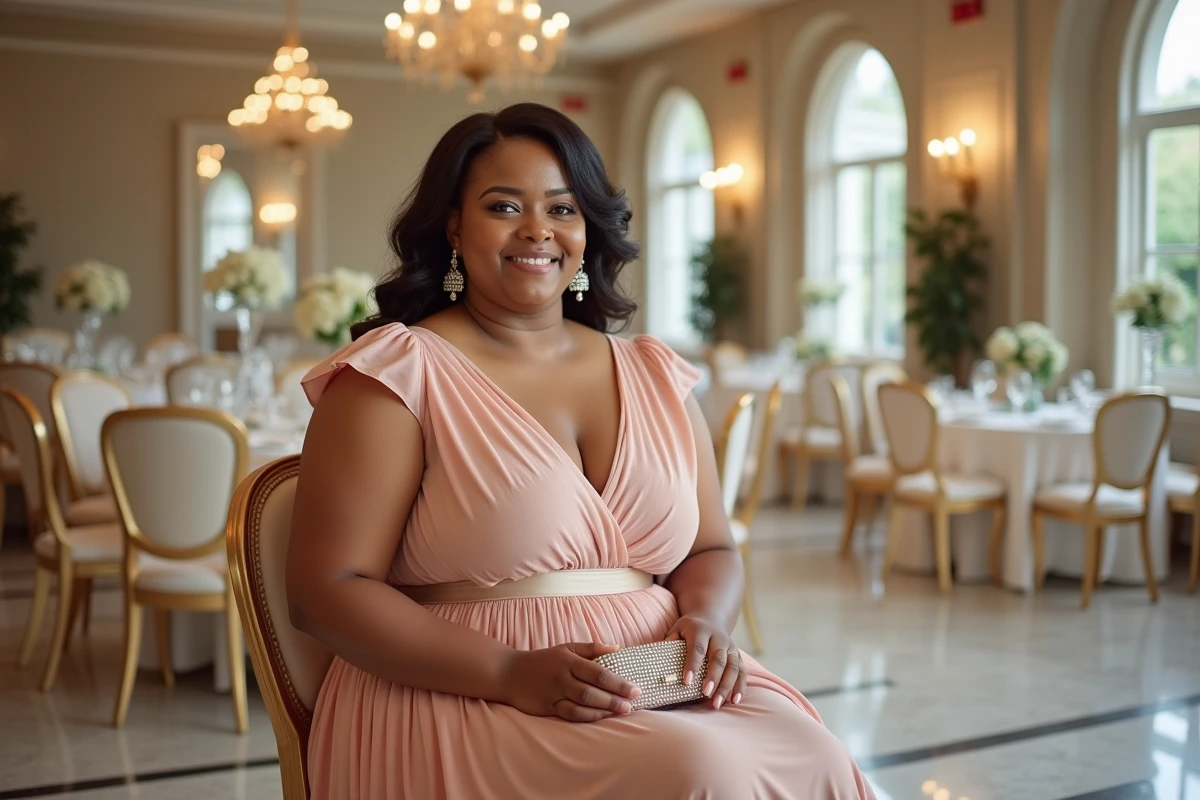 Femme grande taille en robe longue rose poudré avec pochette perlée et sandales à talons dans une salle de réception de mariage