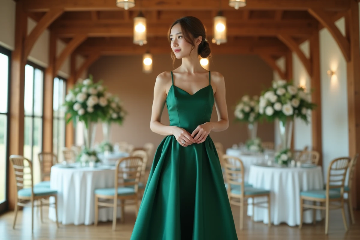 Demoiselle d'honneur en robe longue verte émeraude dans une salle de réception de mariage élégante