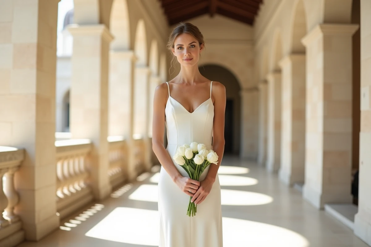 Femme en robe de mariée civile ivoire minimaliste dans un couloir de mairie aux murs en pierre, bouquet de fleurs blanches à la main