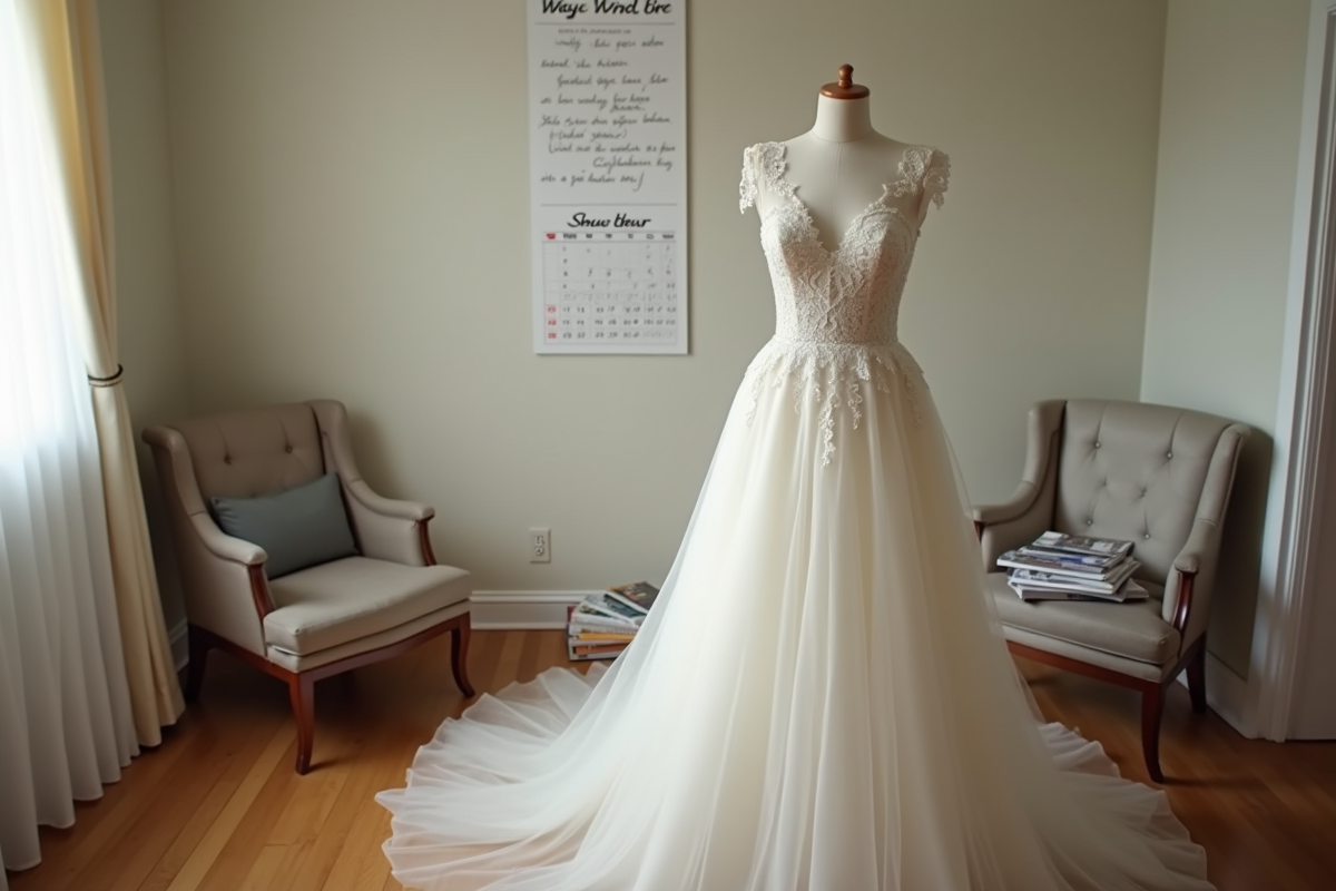 Robe de mariage en dentelle sur un mannequin dans un salon