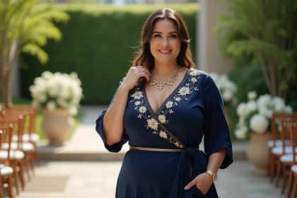 Femme grande taille en robe bleue marine avec collier doré lors d'un mariage en extérieur