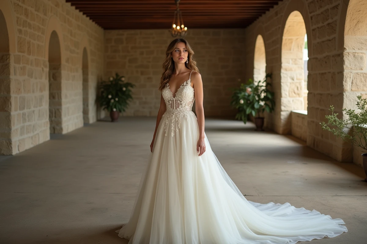 Mariée grande taille en robe empire ivoire brodée dans un château rustique lors d'une cérémonie