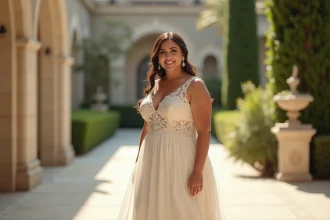 Femme ronde en robe de mariée A-line blanche avec dentelle dans un jardin de cérémonie élégant