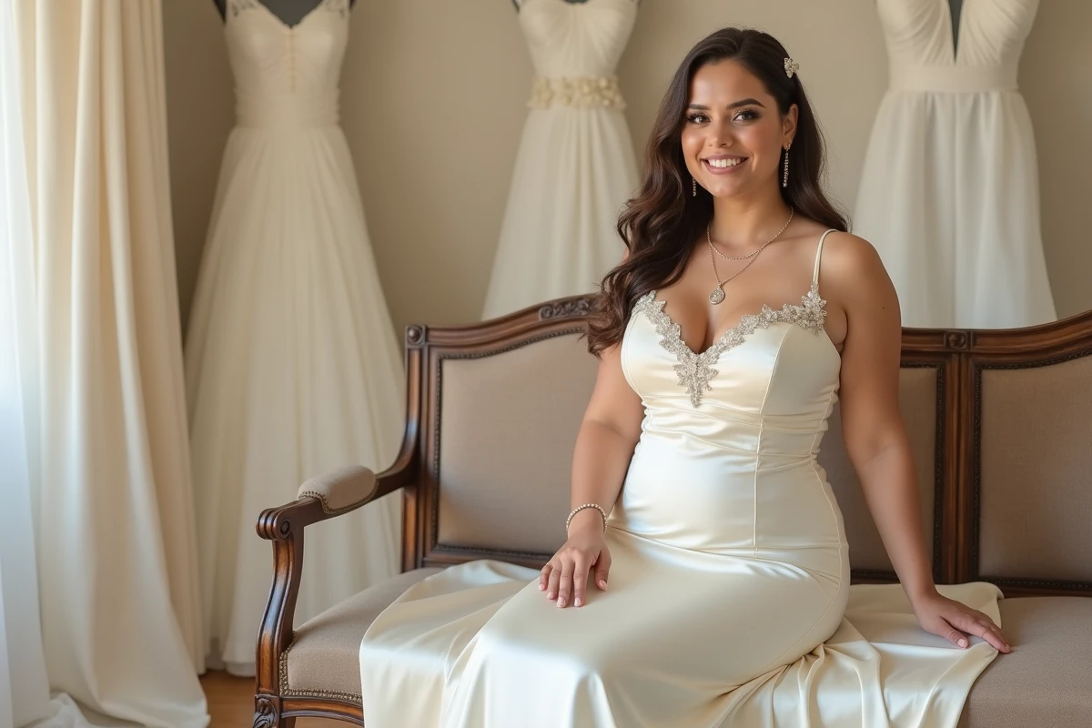Femme ronde souriante en robe de mariée sirène satin dans une boutique de mariage épurée