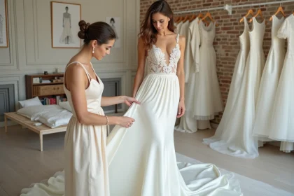 Jeune mariée essayant une robe sur mesure dans un atelier de couture bridal parisien avec une couturière qui ajuste l'ourlet