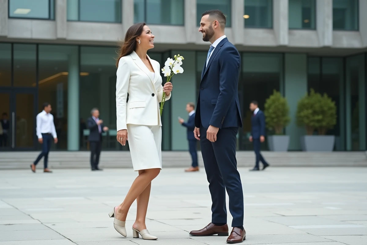 Couple souriant lors d'un mariage civil devant une mairie contemporaine, mariée en robe blazer blanche structurée