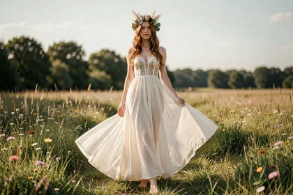Mariée en robe bohème chic avec dentelle et mousseline dans une prairie fleurie, couronne de fleurs séchées dans les cheveux