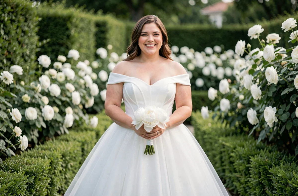 Femme grande taille en robe de mariée bustier et jupe en tulle dans un jardin fleuri
