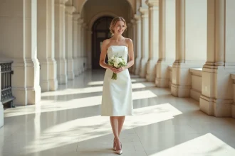 Mariée en robe courte ivoire et talons bas dans un couloir de mairie, tenant un bouquet de renoncules blanches