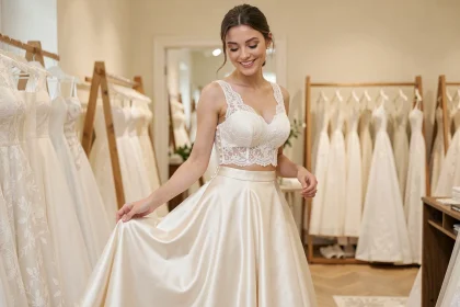 Jeune mariée essayant une robe de mariée deux pièces en dentelle et satin dans une boutique parisienne