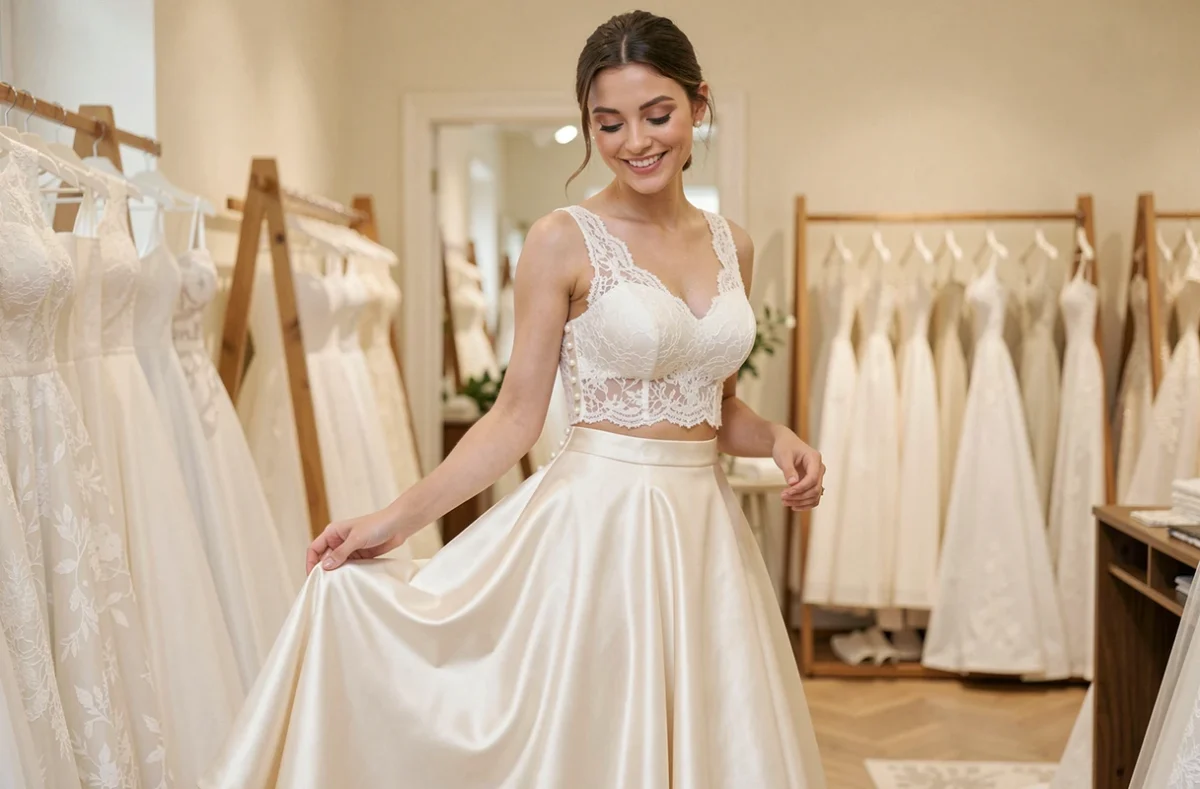 Jeune mariée essayant une robe de mariée deux pièces en dentelle et satin dans une boutique parisienne