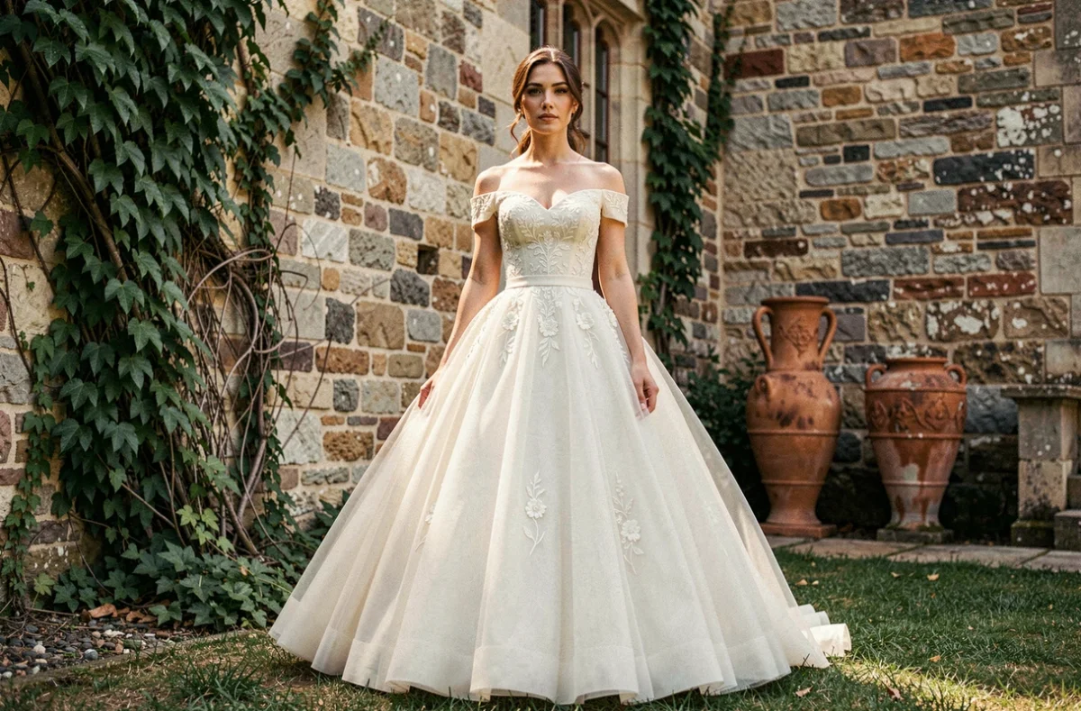 Mariée en robe deux pièces bustier brodé et jupe en tulle volumineuse dans un jardin de château en pierre