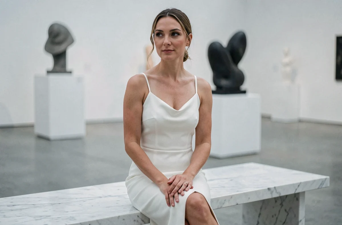 Mariée moderne en robe deux pièces minimaliste crêpe assise sur un banc en marbre dans une galerie d'art contemporaine