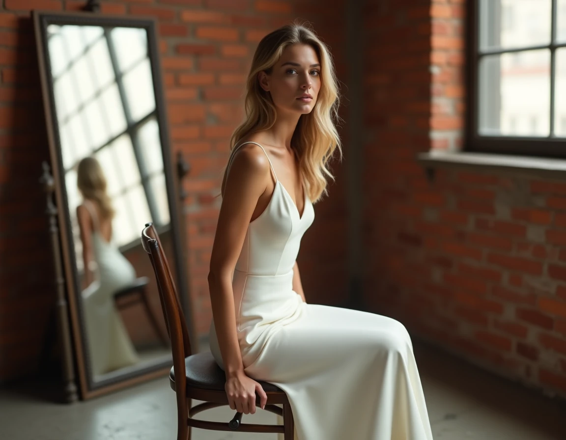 Petite mariée en robe fourreau crêpe à bretelles fines assise dans un vestiaire de studio avec miroir et mur en brique