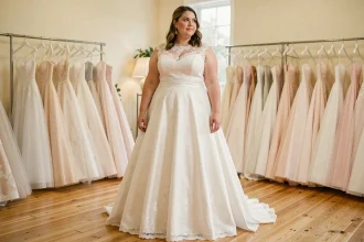 Femme ronde en robe de mariée blanche élégante à dentelle dans une boutique de mariage