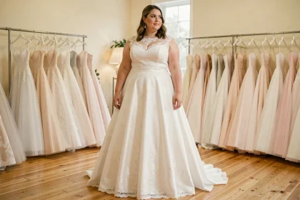 Femme ronde en robe de mariée blanche élégante à dentelle dans une boutique de mariage