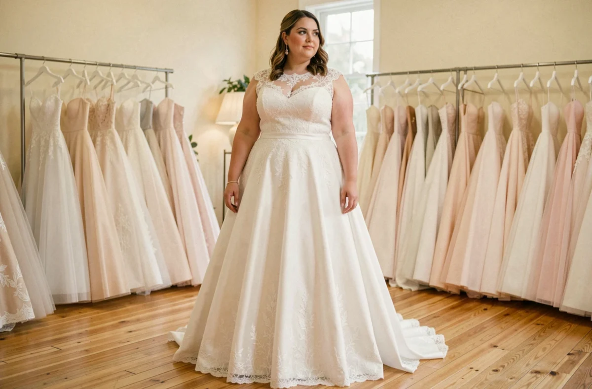 Femme ronde en robe de mariée blanche élégante à dentelle dans une boutique de mariage