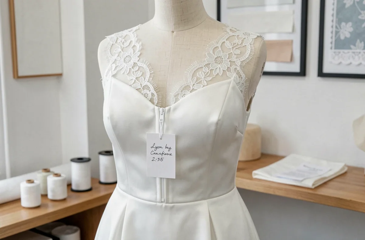 Robe de mariée sur mesure terminée exposée sur mannequin avec étiquette prix abordable dans un atelier lyonnais