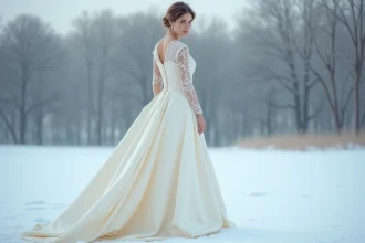 Mariée en robe longue à manches en dentelle dans un paysage hivernal enneigé