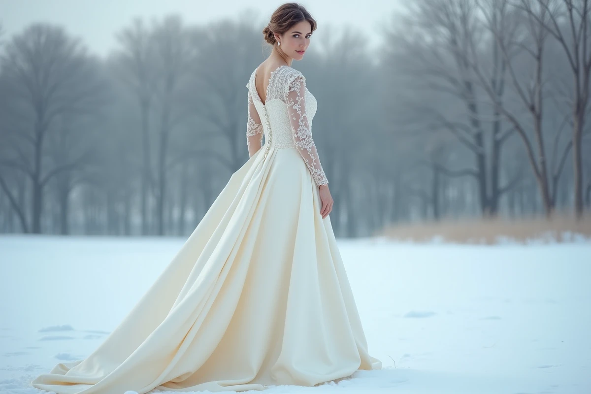 Mariée en robe longue à manches en dentelle dans un paysage hivernal enneigé