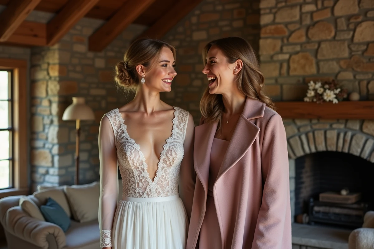 Mariée en robe à manches transparentes avec son témoin dans une ferme rustique décorée en hiver