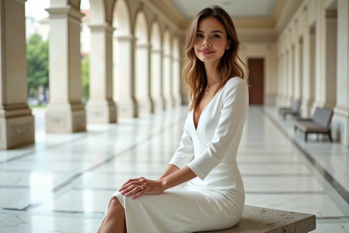 Mariée en robe midi blanche en crêpe assise dans une salle de mairie civile avec sol en marbre
