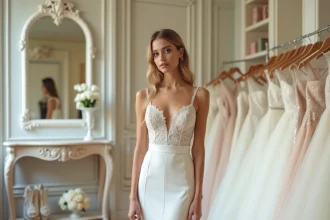Femme petite en robe de mariée ligne A à col en V profond dans une boutique de mariage parisienne, vue en pied