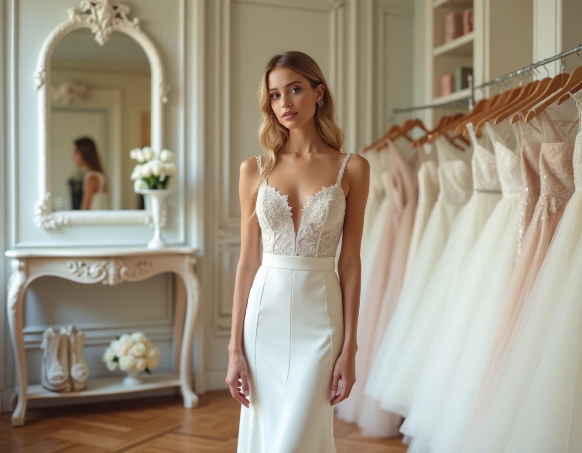 Femme petite en robe de mariée ligne A à col en V profond dans une boutique de mariage parisienne, vue en pied
