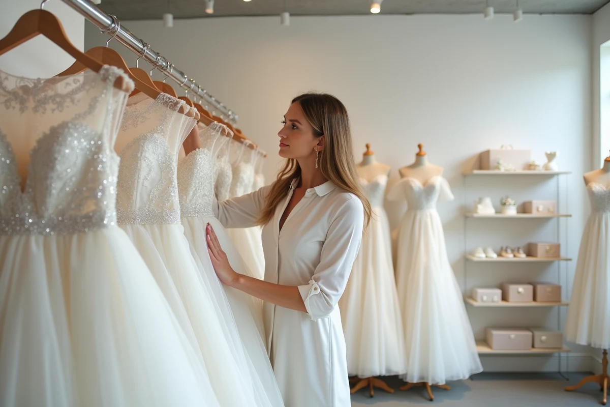 Femme comparant des robes de mariée en prêt-à-porter dans une boutique bridal moderne et minimaliste