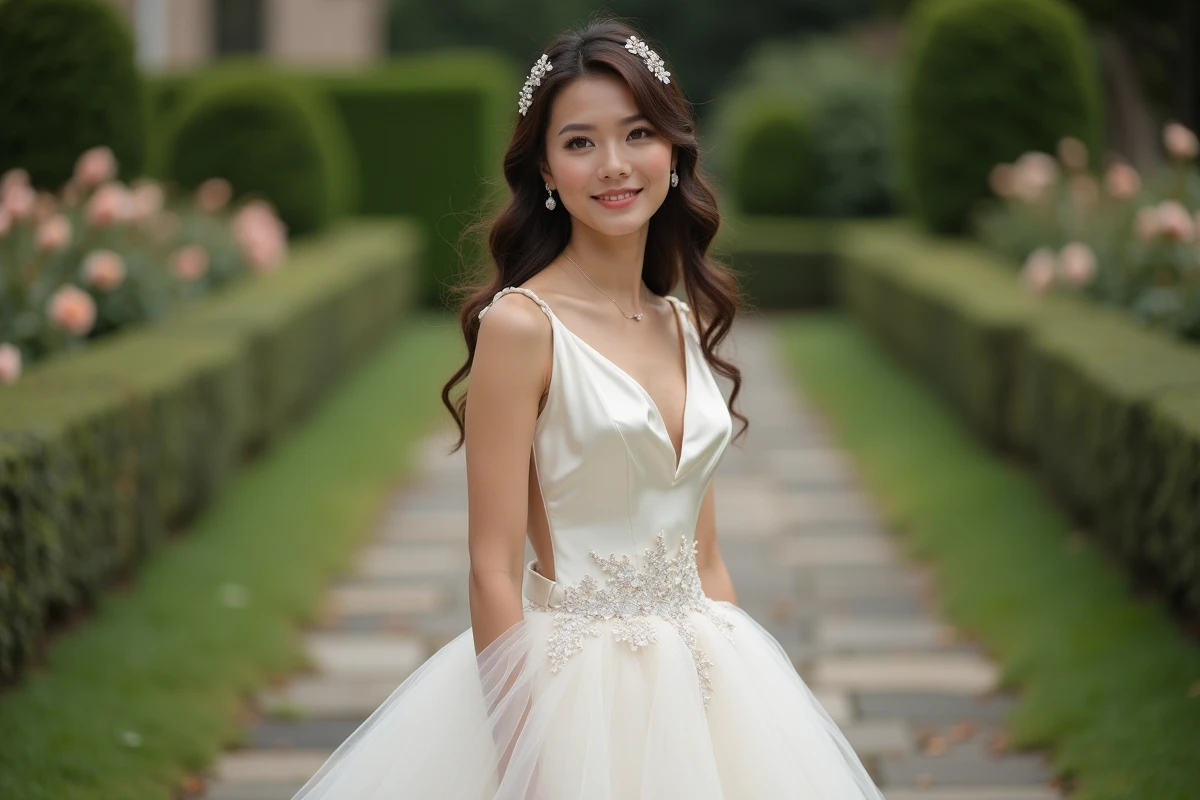 Mariée de petite stature en robe princesse à taille empire et traîne cathédrale dans un jardin fleuri, astuces pour paraître plus grande