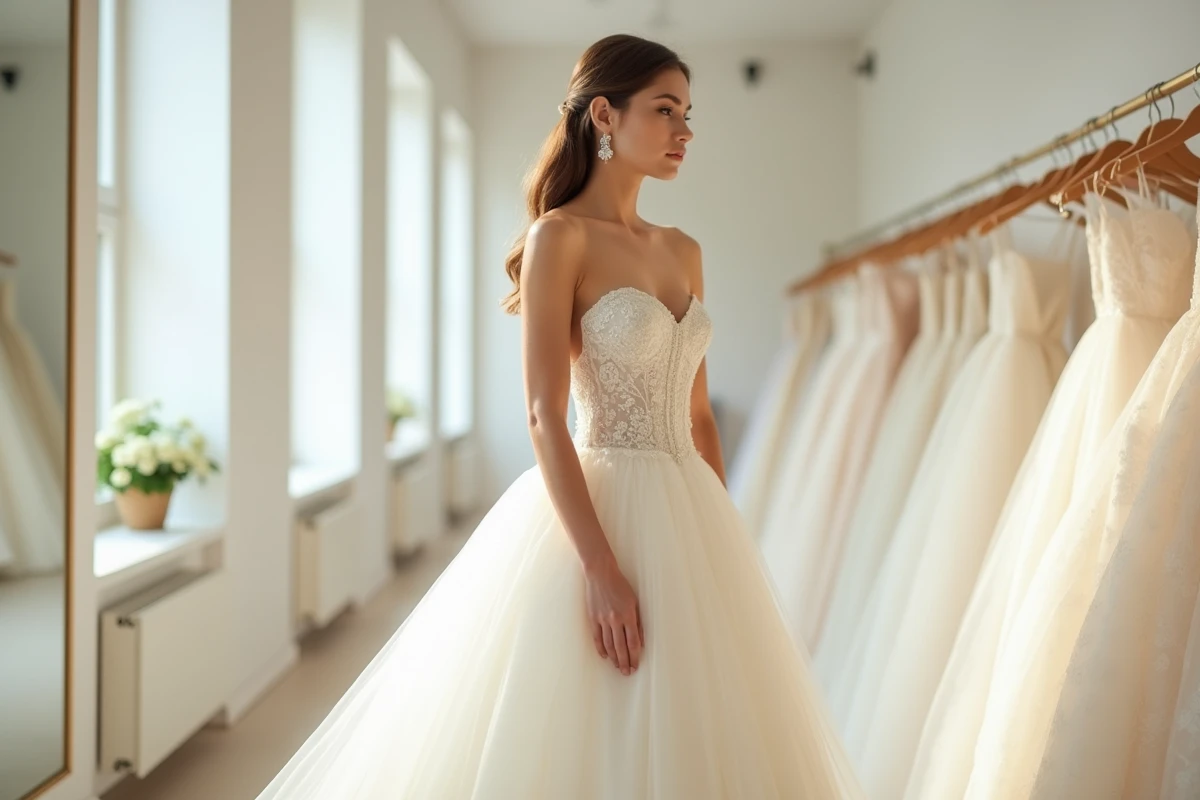 Femme petite taille en robe de mariée princesse longue dans une boutique de mariage, silhouette allongée grâce à un corsage ajusté et une jupe en tulle étagée