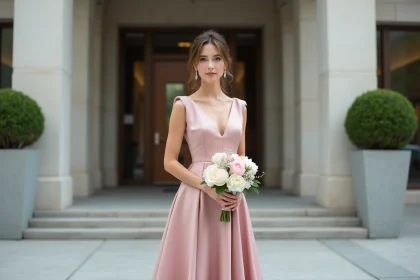 Femme portant une robe de mariée rose poudré mi-longue devant une mairie moderne pour un mariage civil chic