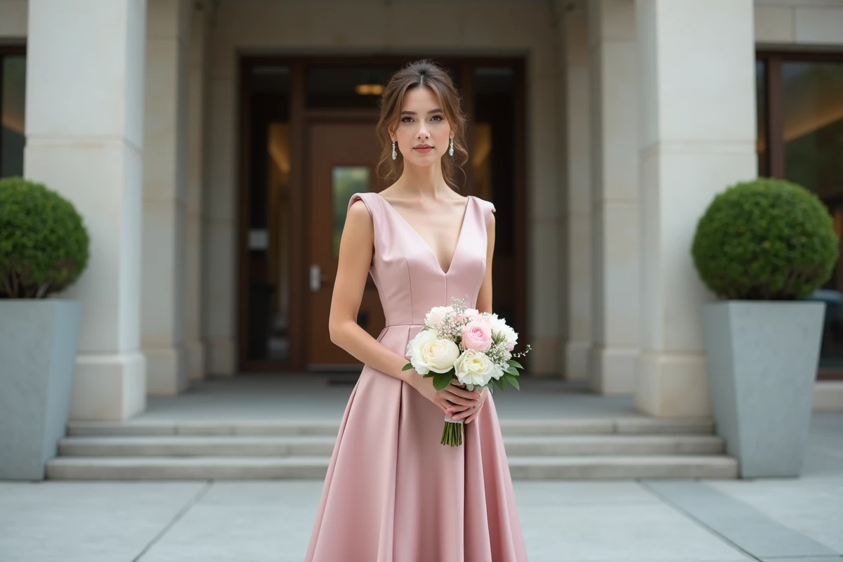 Femme portant une robe de mariée rose poudré mi-longue devant une mairie moderne pour un mariage civil chic