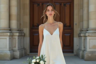 Femme en robe de mariée simple et élégante en satin ivoire devant une mairie au style haussmannien