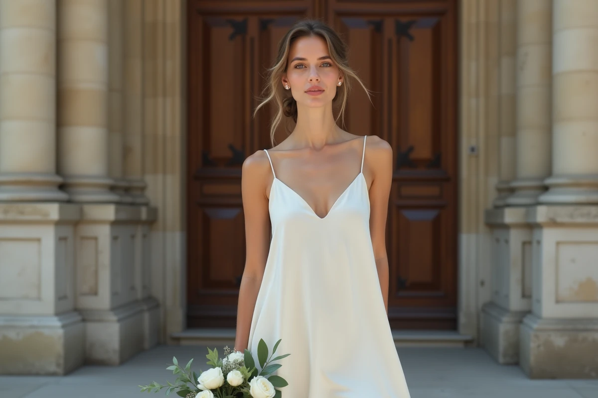 Femme en robe de mariée simple et élégante en satin ivoire devant une mairie au style haussmannien