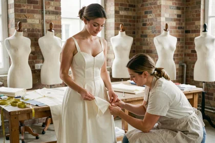 Essayage d'une robe de mariée sur mesure dans un atelier de couture à Lyon avec couturière et tissu ivoire