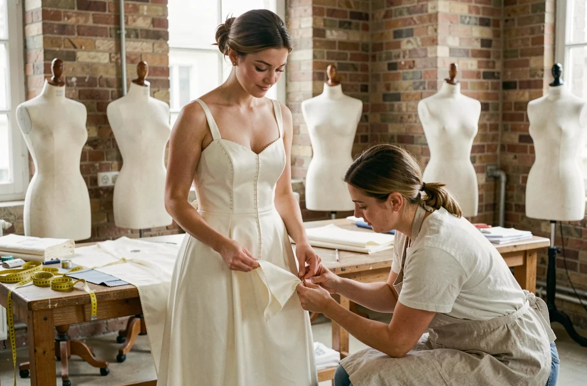 Essayage d'une robe de mariée sur mesure dans un atelier de couture à Lyon avec couturière et tissu ivoire