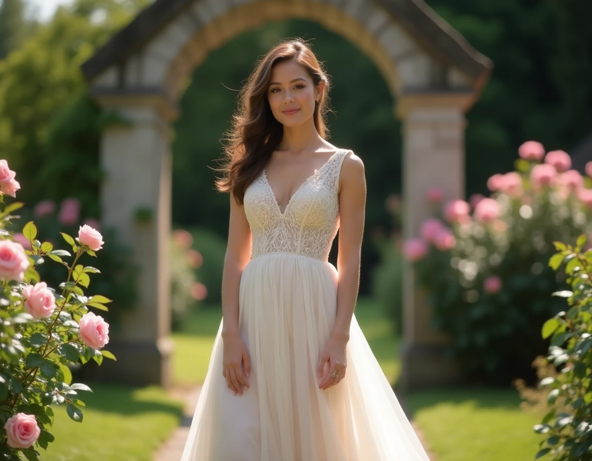 Femme de petite taille en robe de mariée empire à taille haute dans un jardin fleuri avec arche en pierre