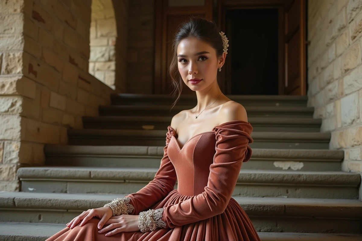 Mariée en robe de velours à manches longues assise dans un château historique en hiver