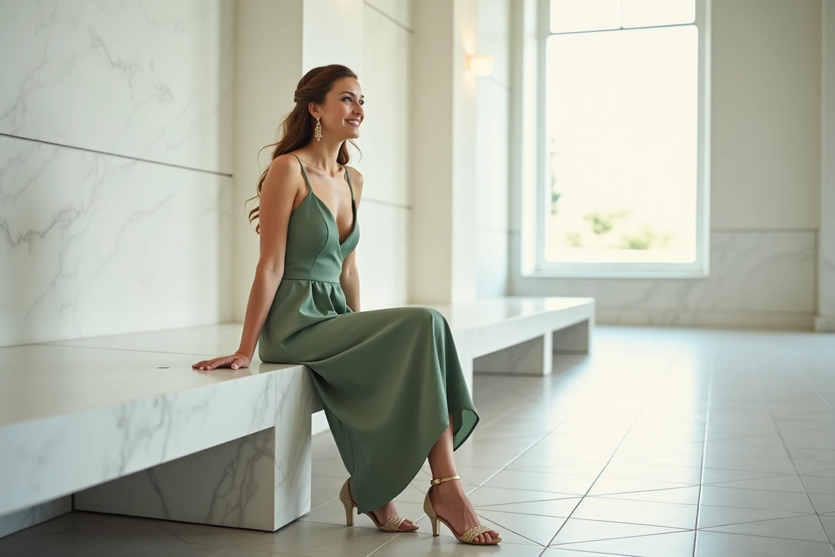 Femme assise en robe de mariée verte sauge dans une salle de mariage civil contemporaine au style épuré