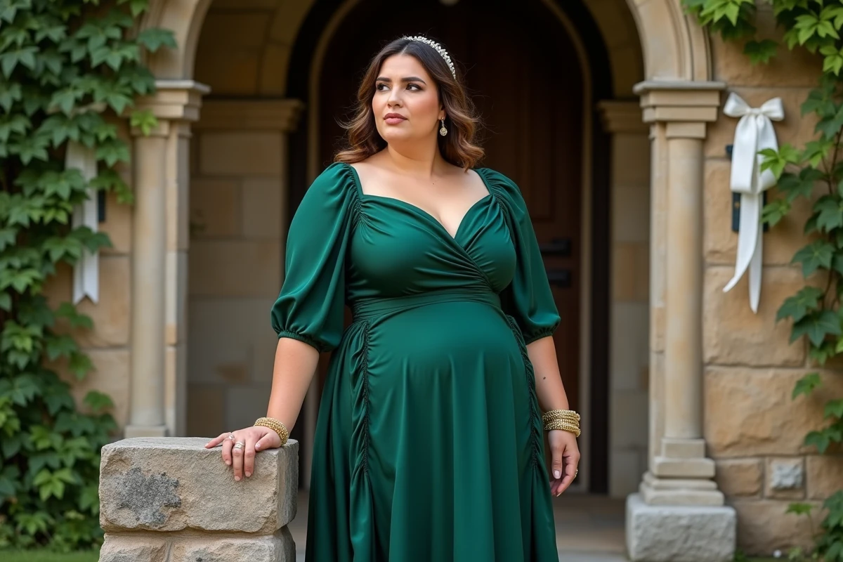 Femme grande taille en robe satin vert mi-longue avec accessoires dorés devant un château rustique lors d'un mariage