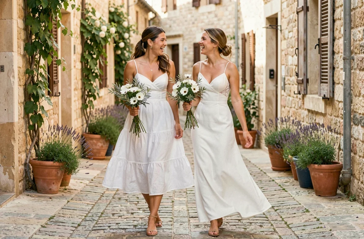 Deux mariées en robes blanches bohèmes marchant dans une ruelle pavée de village provençal