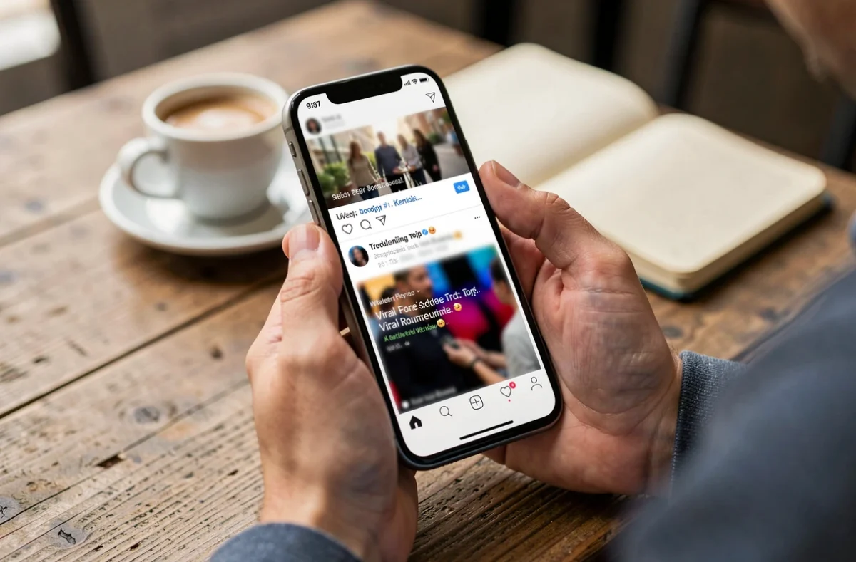 Mains tenant un smartphone affichant des notifications de rumeurs virales sur les réseaux sociaux dans un café, illustration du phénomène de désinformation en ligne