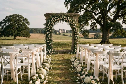 Décoration de mariage élégante en plein air dans la campagne de Seine-et-Marne avec allée fleurie et décor champêtre