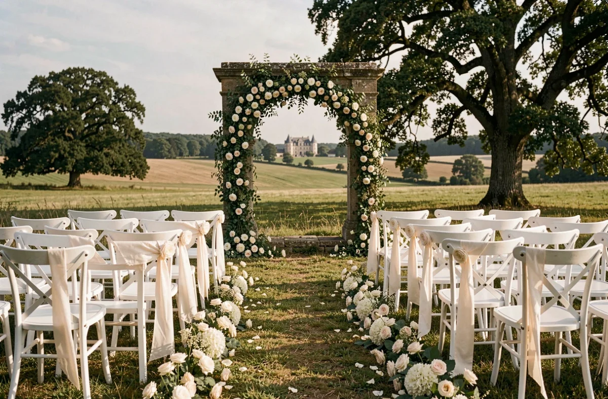 Décoration de mariage élégante en plein air dans la campagne de Seine-et-Marne avec allée fleurie et décor champêtre