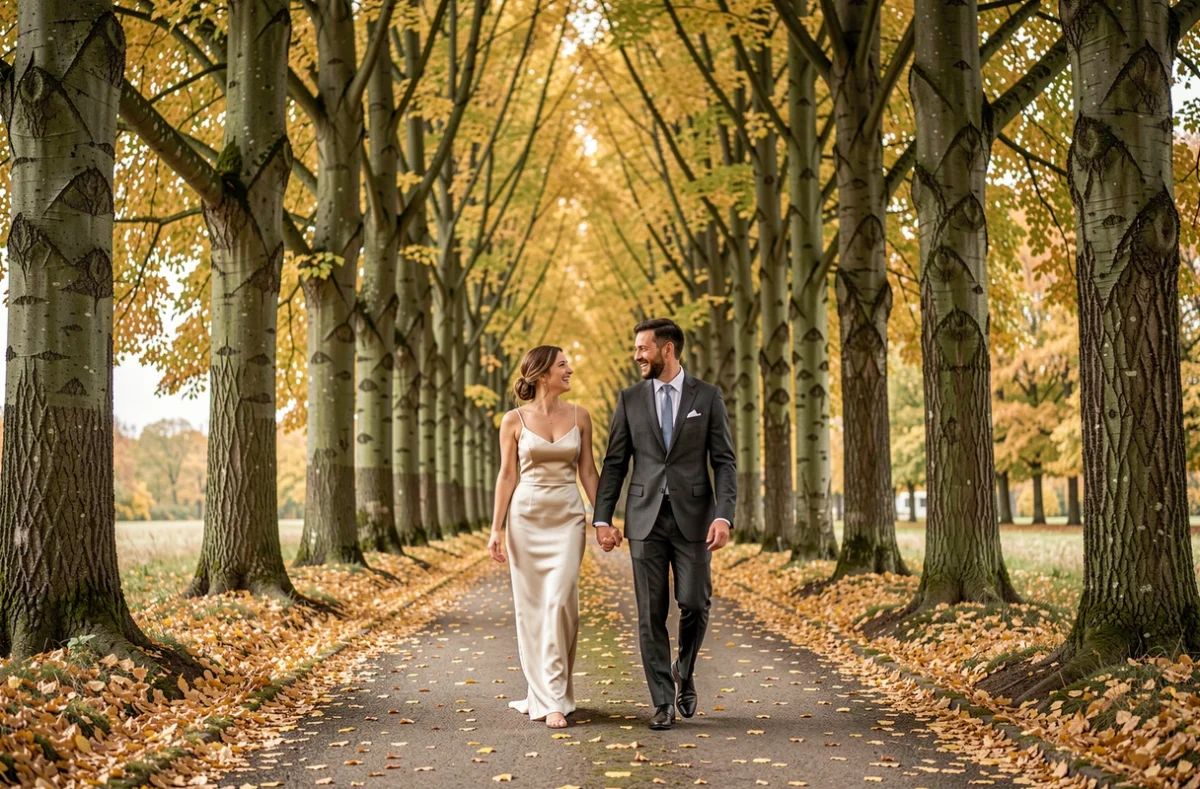 Mariés se promenant dans la forêt de Compiègne lors d'une séance photo de mariage en automne