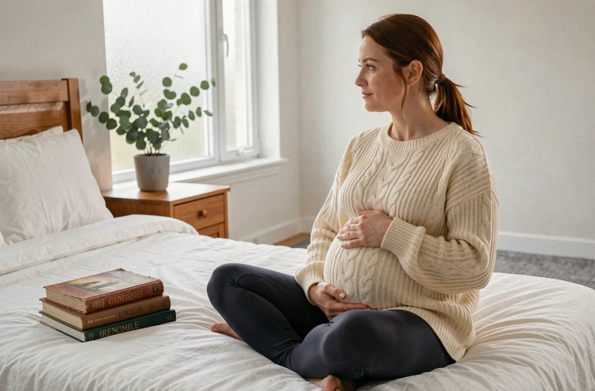 Femme enceinte en pull torsadé crème assise sur un lit de lin blanc avec des livres lors d'une séance photo maternité intimiste à domicile