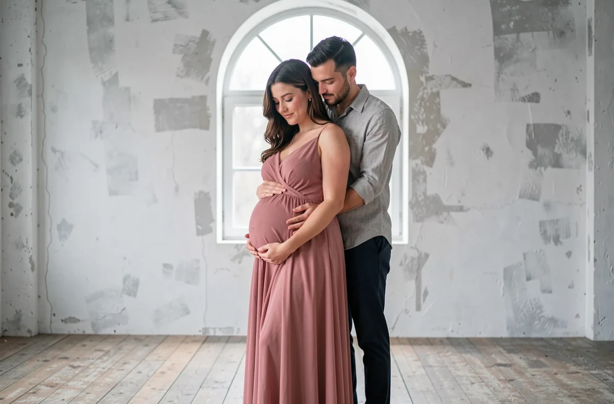 Couple attendant un enfant en tenue romantique dans un studio minimaliste lors d'une séance photo maternité avec photographe professionnel