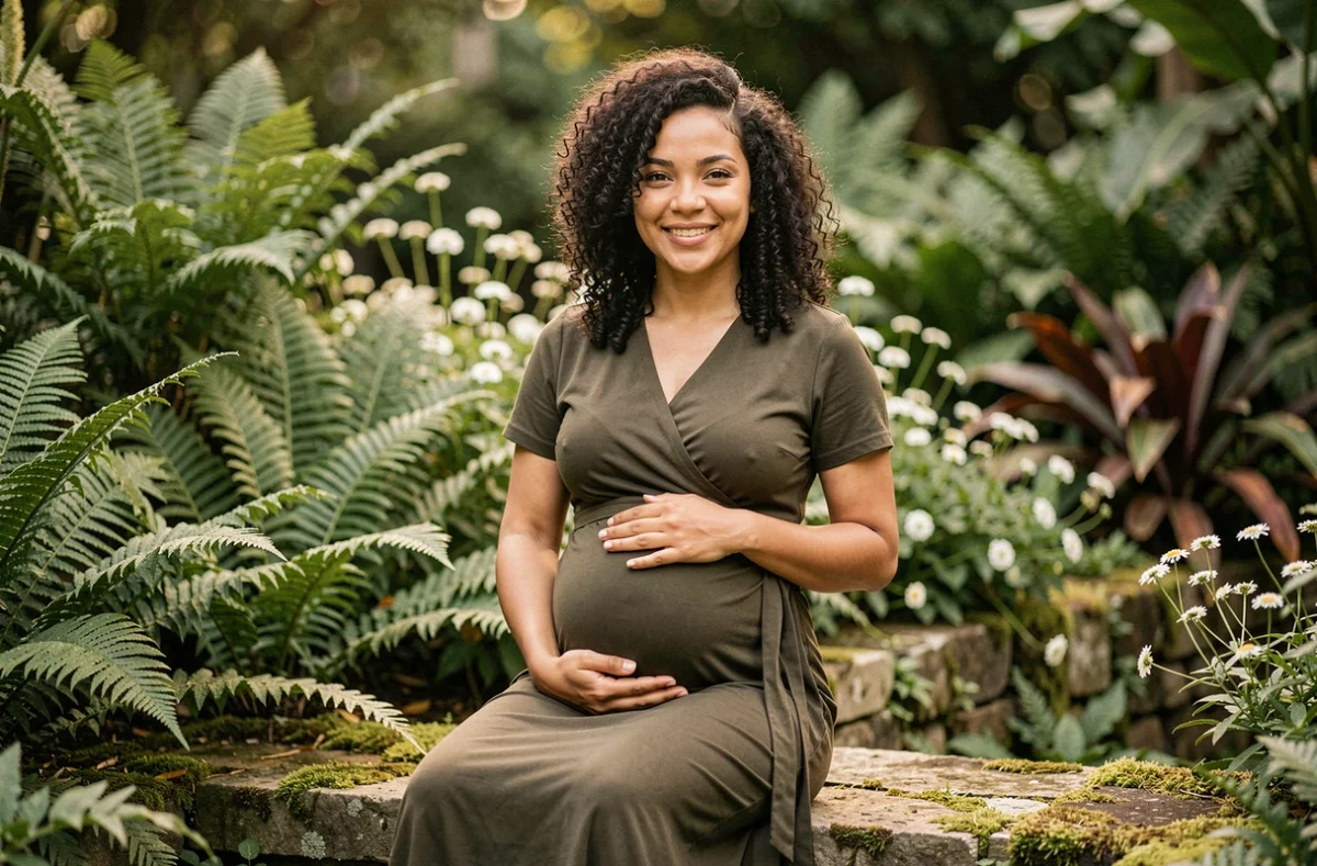 Femme enceinte aux cheveux bouclés en robe olive assise dans un jardin botanique luxuriant pour une séance photo maternité en extérieur