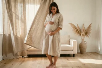 Femme enceinte en robe lin ivoire caressant son ventre dans un salon scandinave lumineux lors d'une séance photo maternité